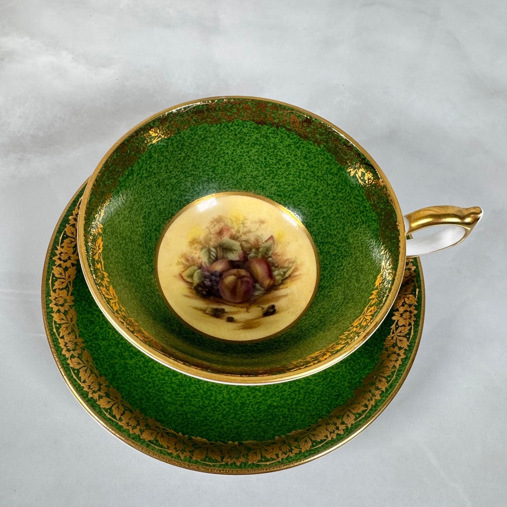 Aynsley Orchard Fruit Tea Cup and Saucer Green Gold Fine Bone China England